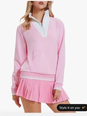 Light Pink Pleated Skirt Set with Contrast Zip Pullover